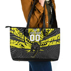 Custom Panthers Rugby 60th Anniversary Leather Tote Bag Penrith Polynesian Tribal Pattern - Traditional Tattoo