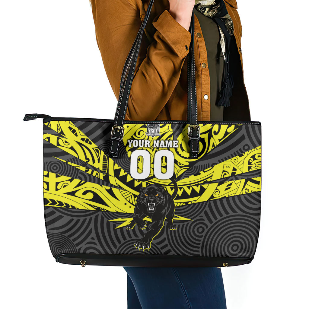 Custom Panthers Rugby 60th Anniversary Leather Tote Bag Penrith Polynesian Tribal Pattern - Traditional Tattoo