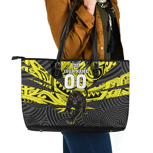 Custom Panthers Rugby 60th Anniversary Leather Tote Bag Penrith Polynesian Tribal Pattern - Traditional Tattoo