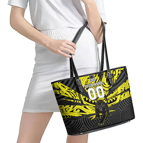 Custom Panthers Rugby 60th Anniversary Leather Tote Bag Penrith Polynesian Tribal Pattern - Traditional Tattoo
