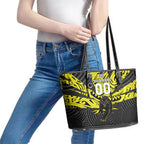 Custom Panthers Rugby 60th Anniversary Leather Tote Bag Penrith Polynesian Tribal Pattern - Traditional Tattoo