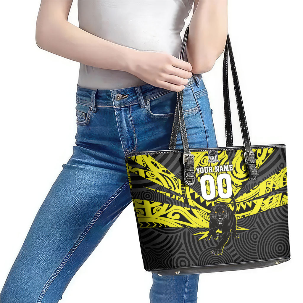 Custom Panthers Rugby 60th Anniversary Leather Tote Bag Penrith Polynesian Tribal Pattern - Traditional Tattoo