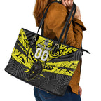 Custom Panthers Rugby 60th Anniversary Leather Tote Bag Penrith Polynesian Tribal Pattern - Traditional Tattoo