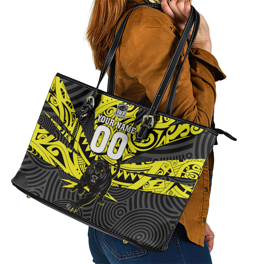 Custom Panthers Rugby 60th Anniversary Leather Tote Bag Penrith Polynesian Tribal Pattern - Traditional Tattoo