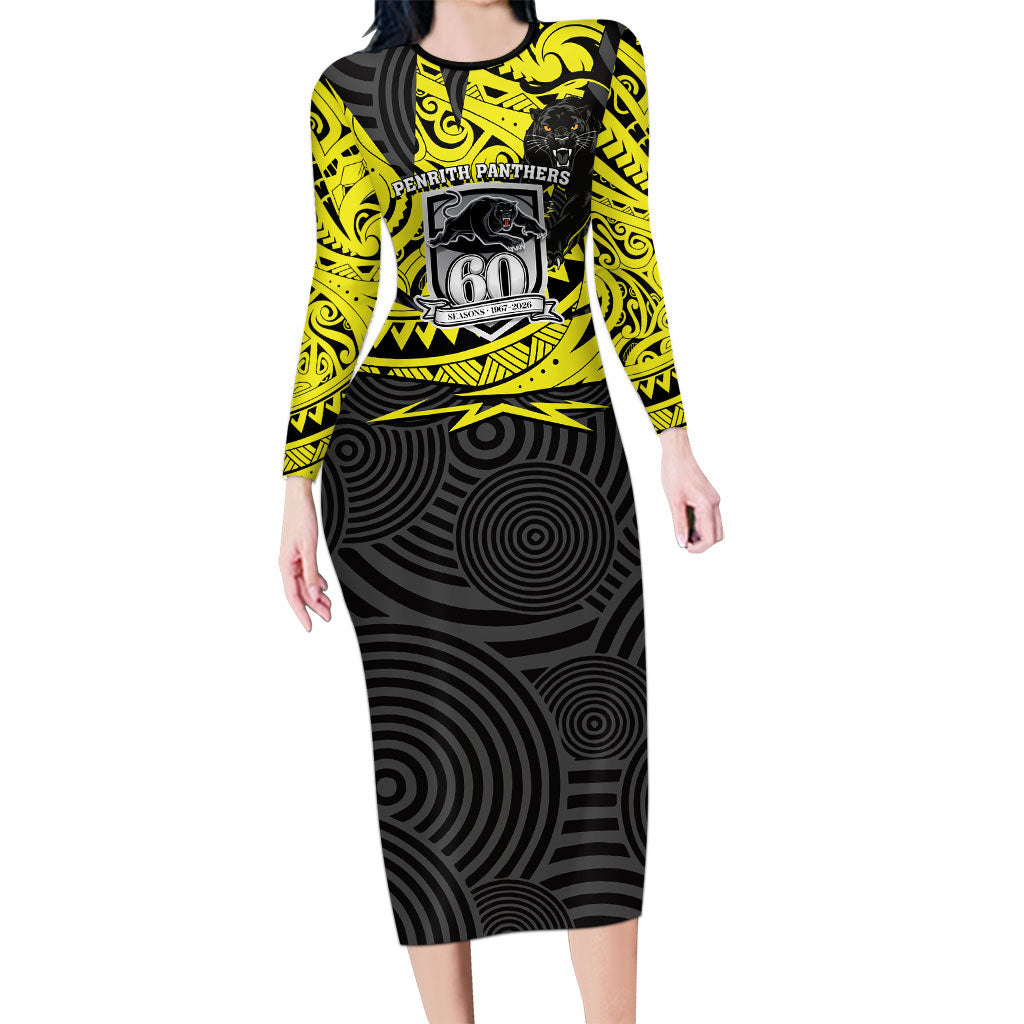 Custom Panthers Rugby 60th Anniversary Long Sleeve Bodycon Dress Penrith Polynesian Tribal Pattern - Traditional Tattoo