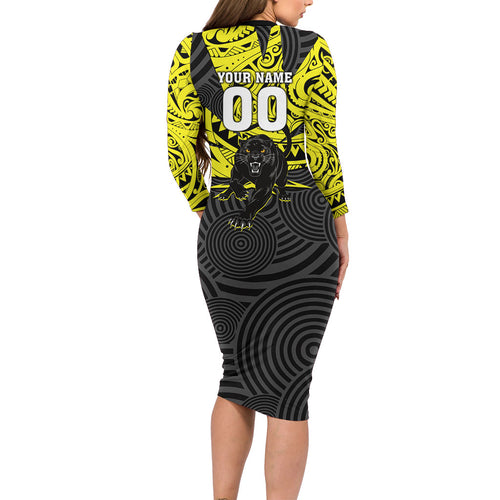Custom Panthers Rugby 60th Anniversary Long Sleeve Bodycon Dress Penrith Polynesian Tribal Pattern - Traditional Tattoo