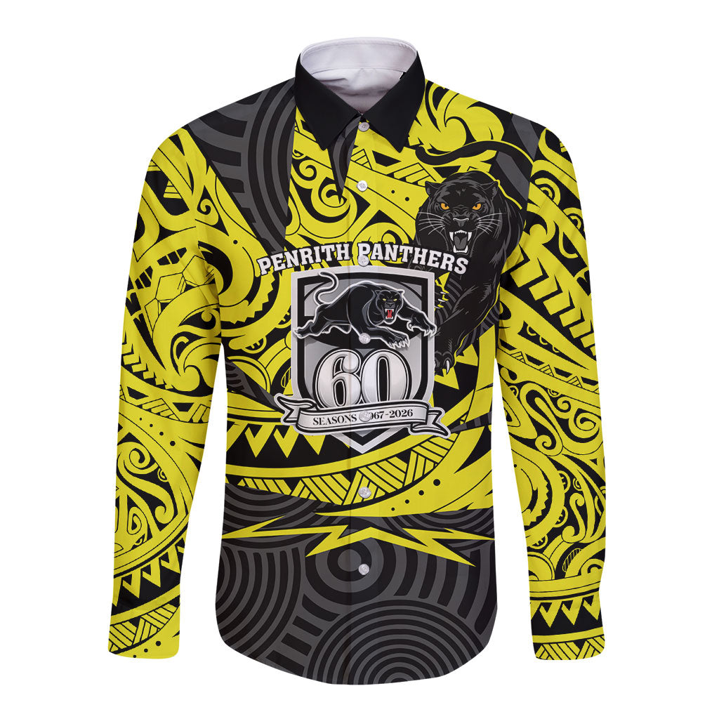 Custom Panthers Rugby 60th Anniversary Long Sleeve Button Shirt Penrith Polynesian Tribal Pattern - Traditional Tattoo