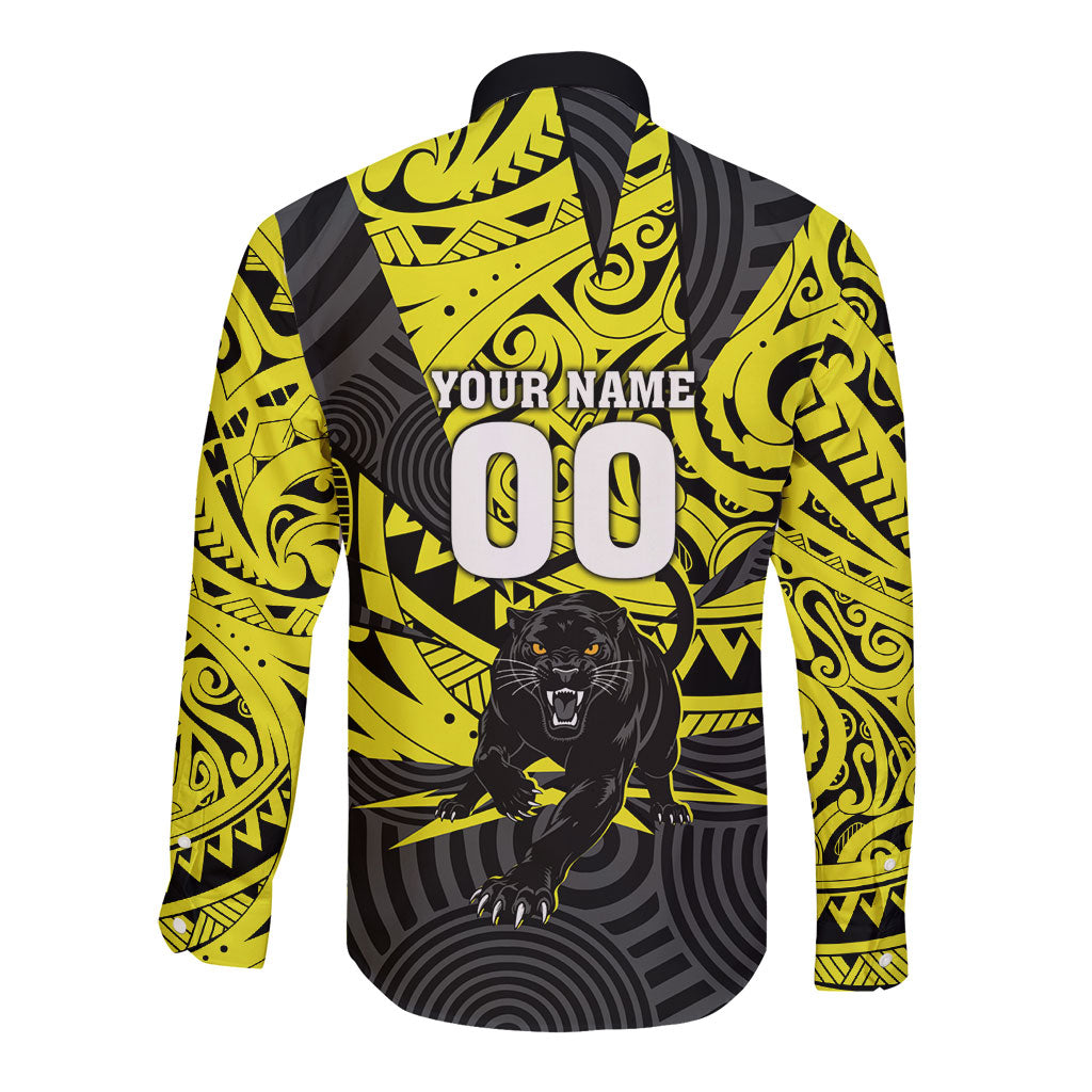 Custom Panthers Rugby 60th Anniversary Long Sleeve Button Shirt Penrith Polynesian Tribal Pattern - Traditional Tattoo