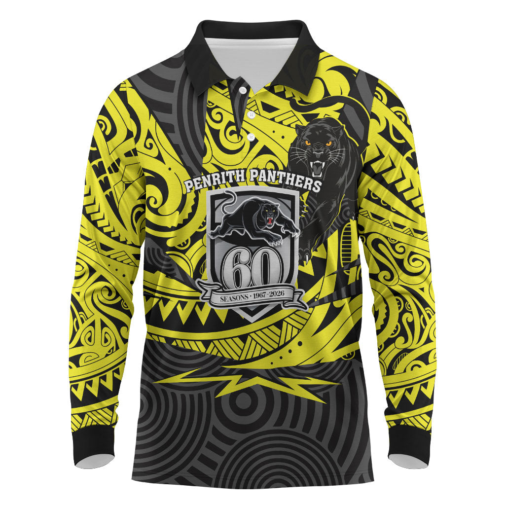 Custom Panthers Rugby 60th Anniversary Long Sleeve Polo Shirt Penrith Polynesian Tribal Pattern - Traditional Tattoo
