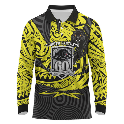Custom Panthers Rugby 60th Anniversary Long Sleeve Polo Shirt Penrith Polynesian Tribal Pattern - Traditional Tattoo