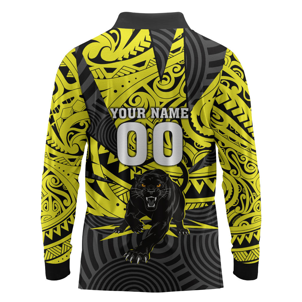 Custom Panthers Rugby 60th Anniversary Long Sleeve Polo Shirt Penrith Polynesian Tribal Pattern - Traditional Tattoo
