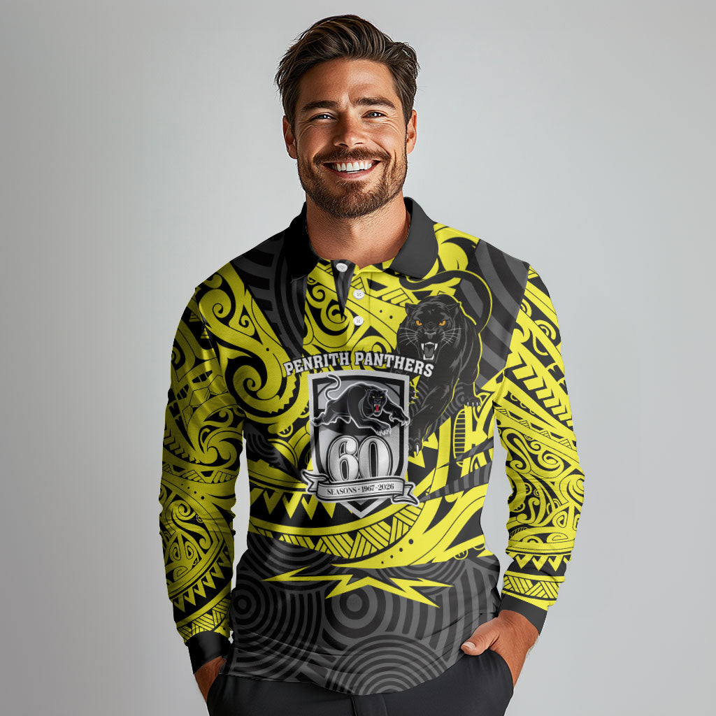 Custom Panthers Rugby 60th Anniversary Long Sleeve Polo Shirt Penrith Polynesian Tribal Pattern - Traditional Tattoo