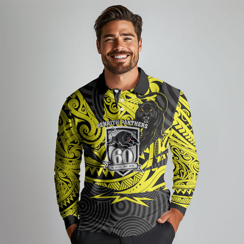 Custom Panthers Rugby 60th Anniversary Long Sleeve Polo Shirt Penrith Polynesian Tribal Pattern - Traditional Tattoo
