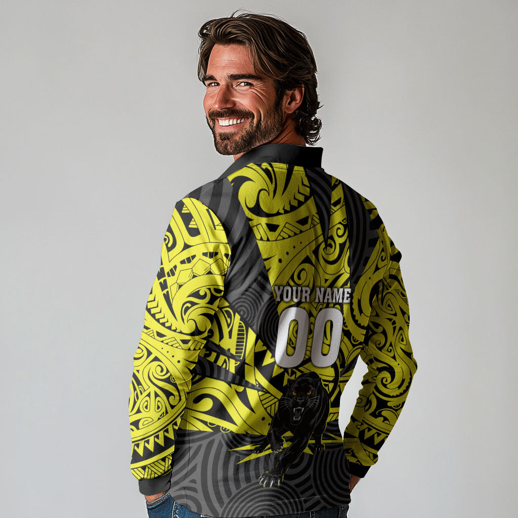 Custom Panthers Rugby 60th Anniversary Long Sleeve Polo Shirt Penrith Polynesian Tribal Pattern - Traditional Tattoo