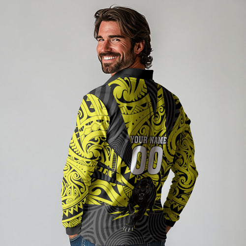 Custom Panthers Rugby 60th Anniversary Long Sleeve Polo Shirt Penrith Polynesian Tribal Pattern - Traditional Tattoo