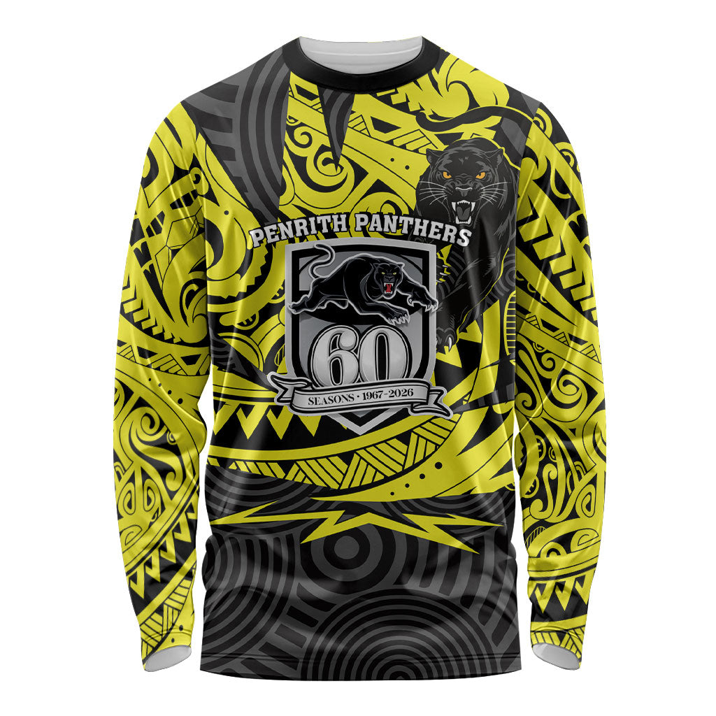 Custom Panthers Rugby 60th Anniversary Long Sleeve Shirt Penrith Polynesian Tribal Pattern - Traditional Tattoo