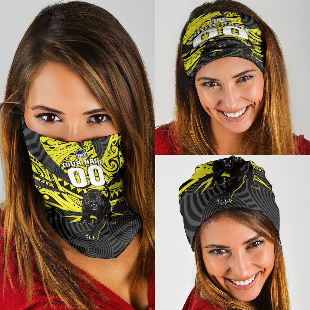 Custom Panthers Rugby 60th Anniversary Neck Gaiter Penrith Polynesian Tribal Pattern - Traditional Tattoo