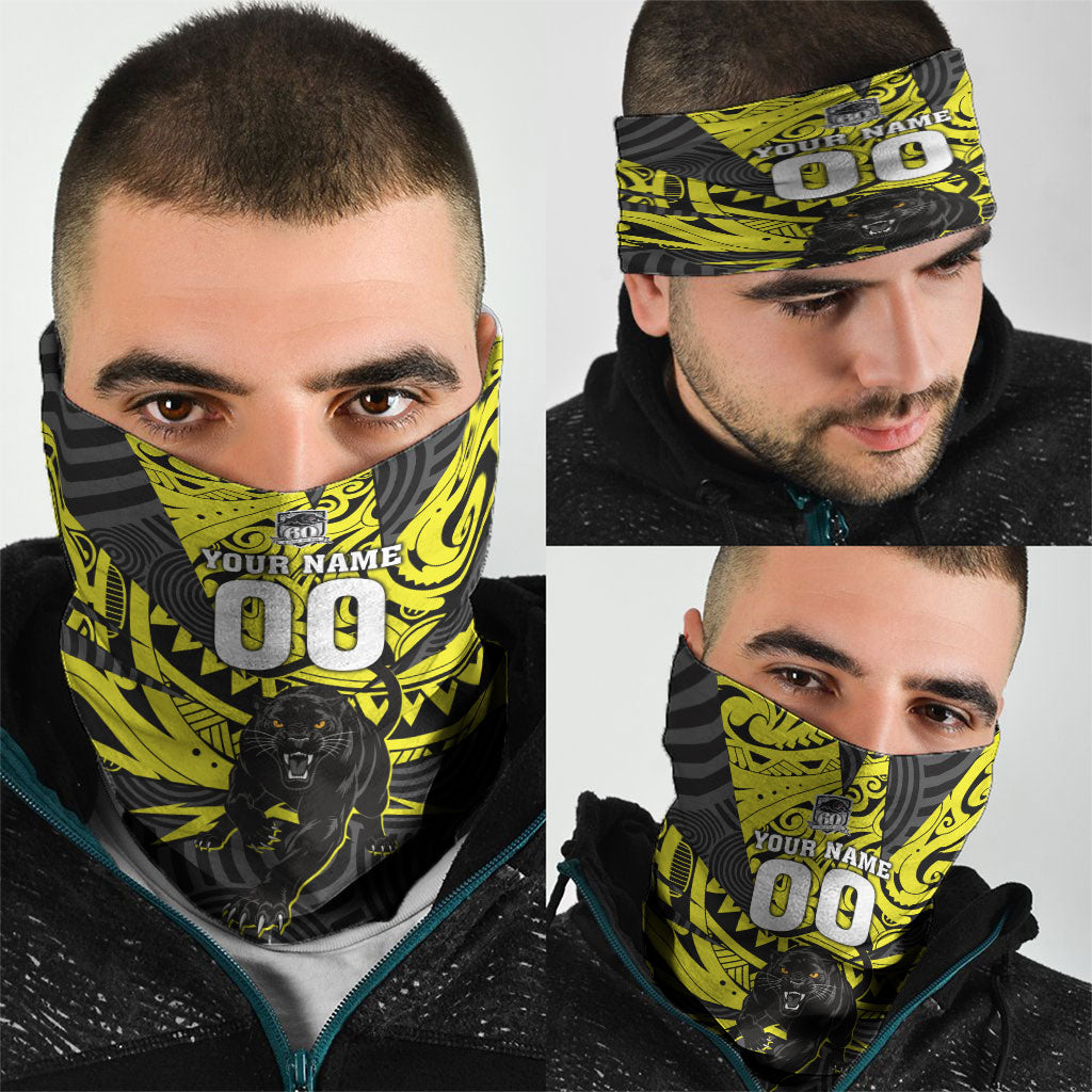 Custom Panthers Rugby 60th Anniversary Neck Gaiter Penrith Polynesian Tribal Pattern - Traditional Tattoo