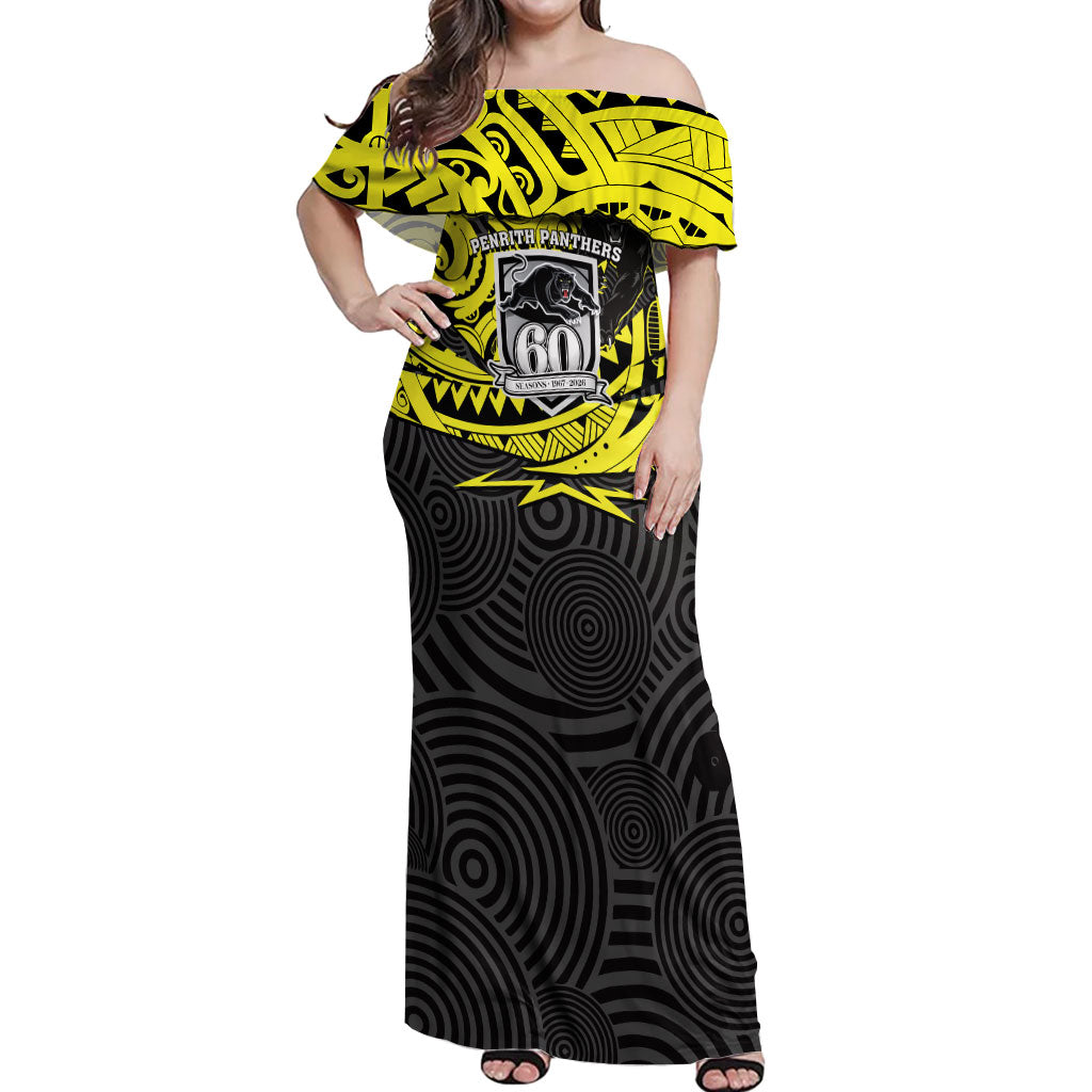 Custom Panthers Rugby 60th Anniversary Off Shoulder Maxi Dress Penrith Polynesian Tribal Pattern - Traditional Tattoo