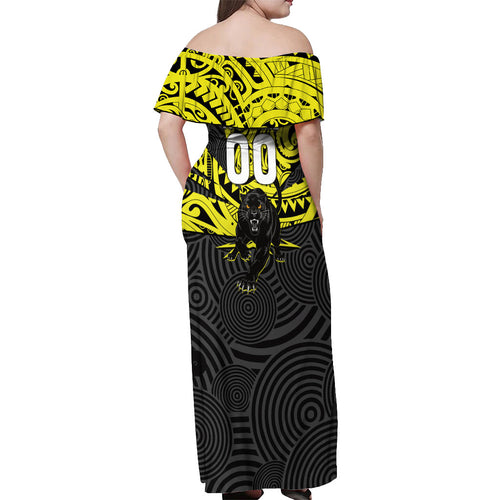 Custom Panthers Rugby 60th Anniversary Off Shoulder Maxi Dress Penrith Polynesian Tribal Pattern - Traditional Tattoo