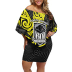 Custom Panthers Rugby 60th Anniversary Off Shoulder Short Dress Penrith Polynesian Tribal Pattern - Traditional Tattoo