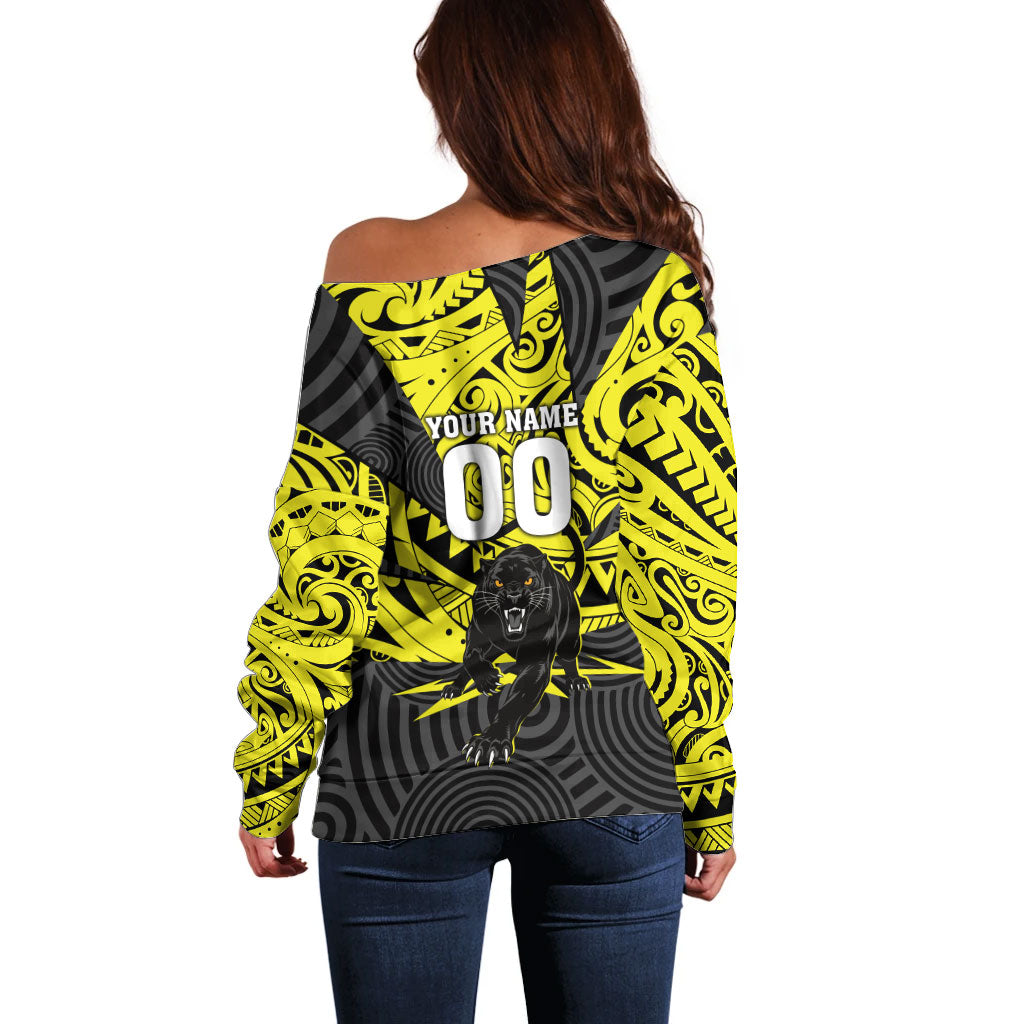 Custom Panthers Rugby 60th Anniversary Off Shoulder Sweater Penrith Polynesian Tribal Pattern - Traditional Tattoo
