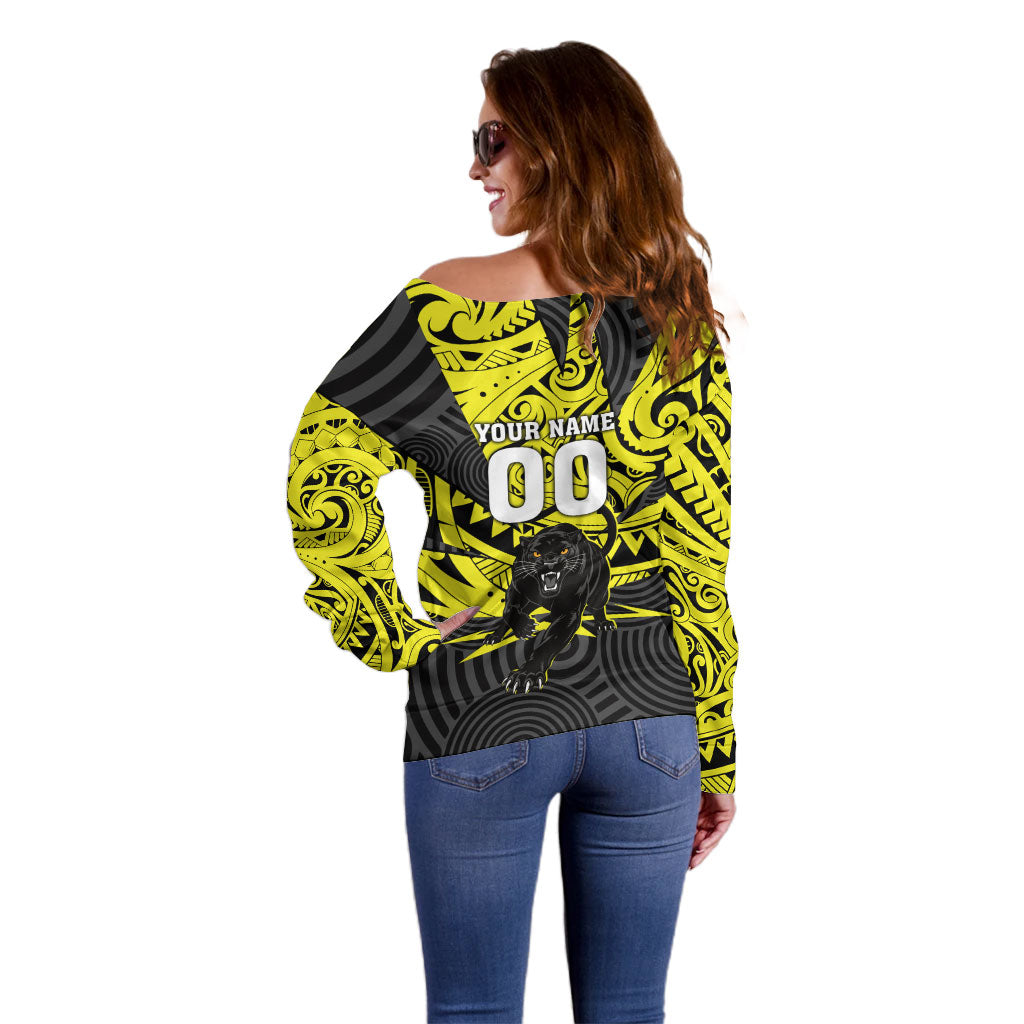 Custom Panthers Rugby 60th Anniversary Off Shoulder Sweater Penrith Polynesian Tribal Pattern - Traditional Tattoo