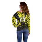 Custom Panthers Rugby 60th Anniversary Off Shoulder Sweater Penrith Polynesian Tribal Pattern - Traditional Tattoo