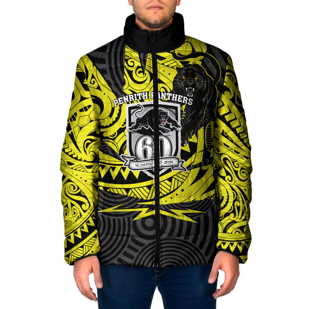 Custom Panthers Rugby 60th Anniversary Padded Jacket Penrith Polynesian Tribal Pattern - Traditional Tattoo