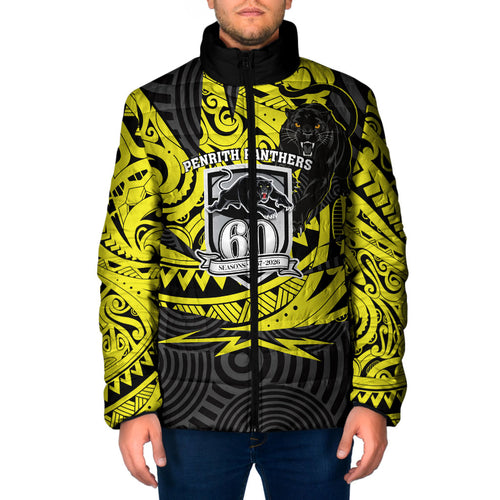 Custom Panthers Rugby 60th Anniversary Padded Jacket Penrith Polynesian Tribal Pattern - Traditional Tattoo