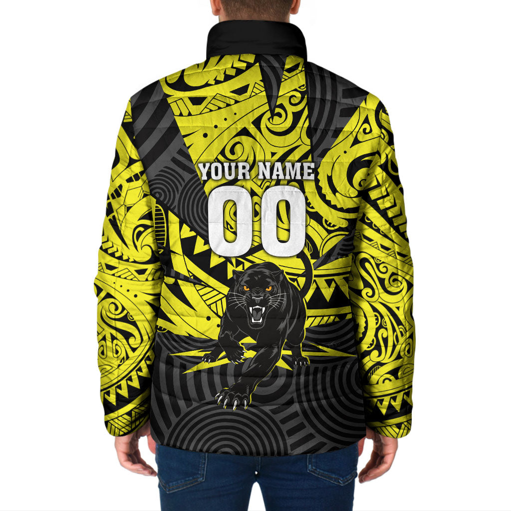 Custom Panthers Rugby 60th Anniversary Padded Jacket Penrith Polynesian Tribal Pattern - Traditional Tattoo