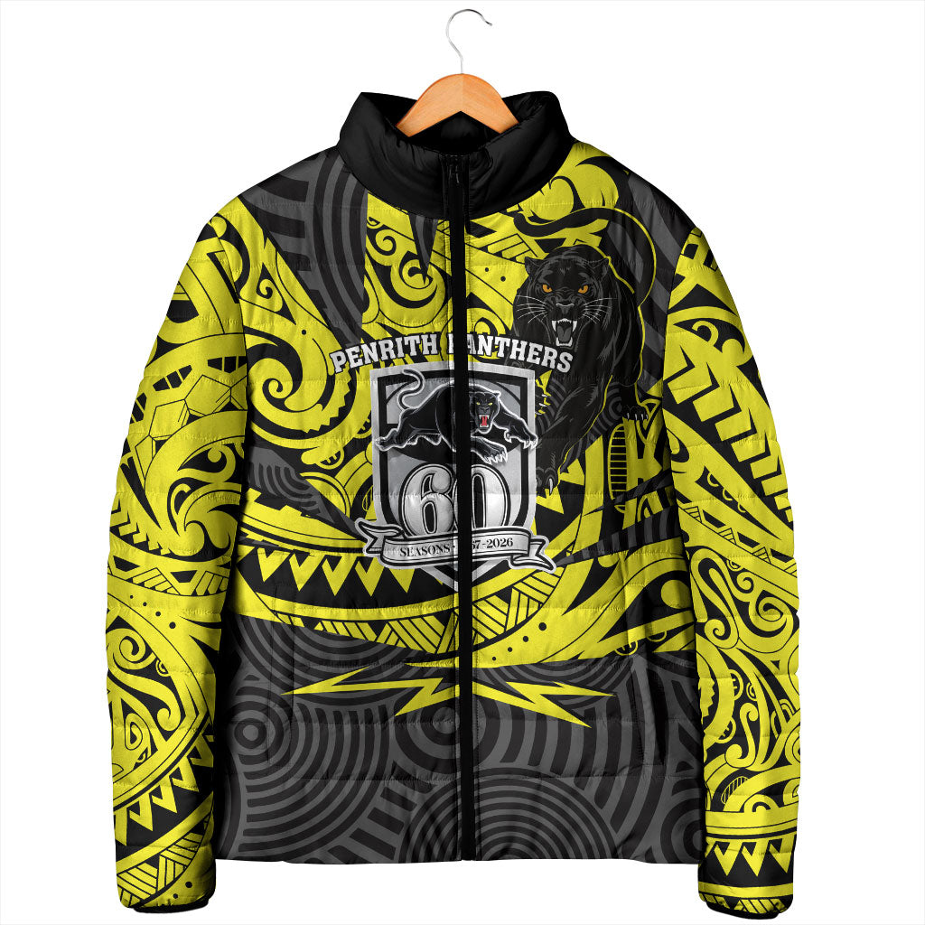 Custom Panthers Rugby 60th Anniversary Padded Jacket Penrith Polynesian Tribal Pattern - Traditional Tattoo