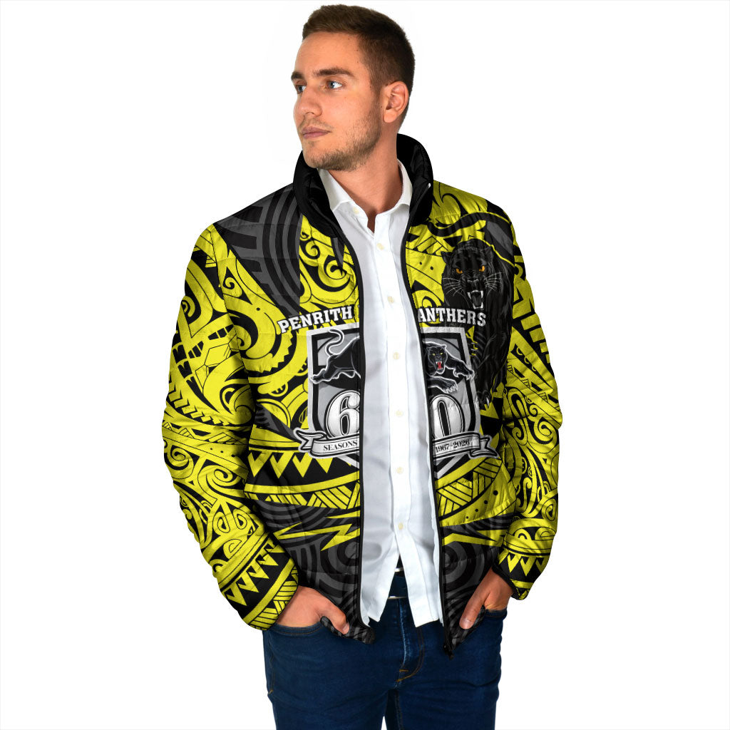 Custom Panthers Rugby 60th Anniversary Padded Jacket Penrith Polynesian Tribal Pattern - Traditional Tattoo
