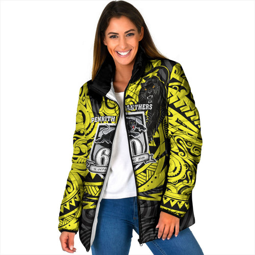 Custom Panthers Rugby 60th Anniversary Padded Jacket Penrith Polynesian Tribal Pattern - Traditional Tattoo
