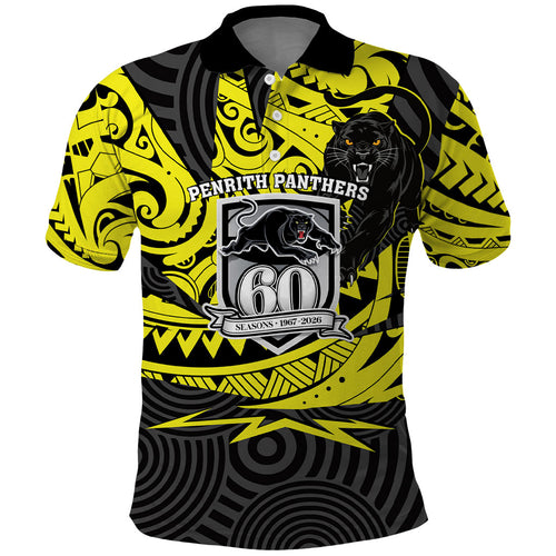 Custom Panthers Rugby 60th Anniversary Polo Shirt Penrith Polynesian Tribal Pattern - Traditional Tattoo