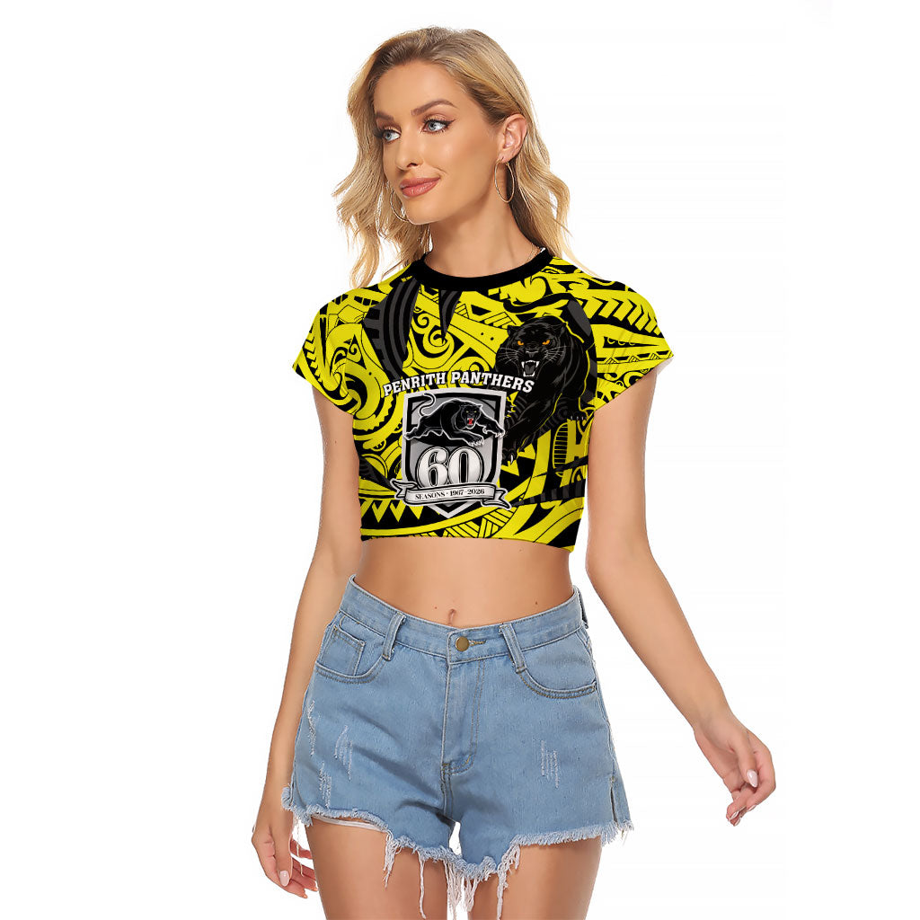 Custom Panthers Rugby 60th Anniversary Raglan Cropped T Shirt Penrith Polynesian Tribal Pattern - Traditional Tattoo