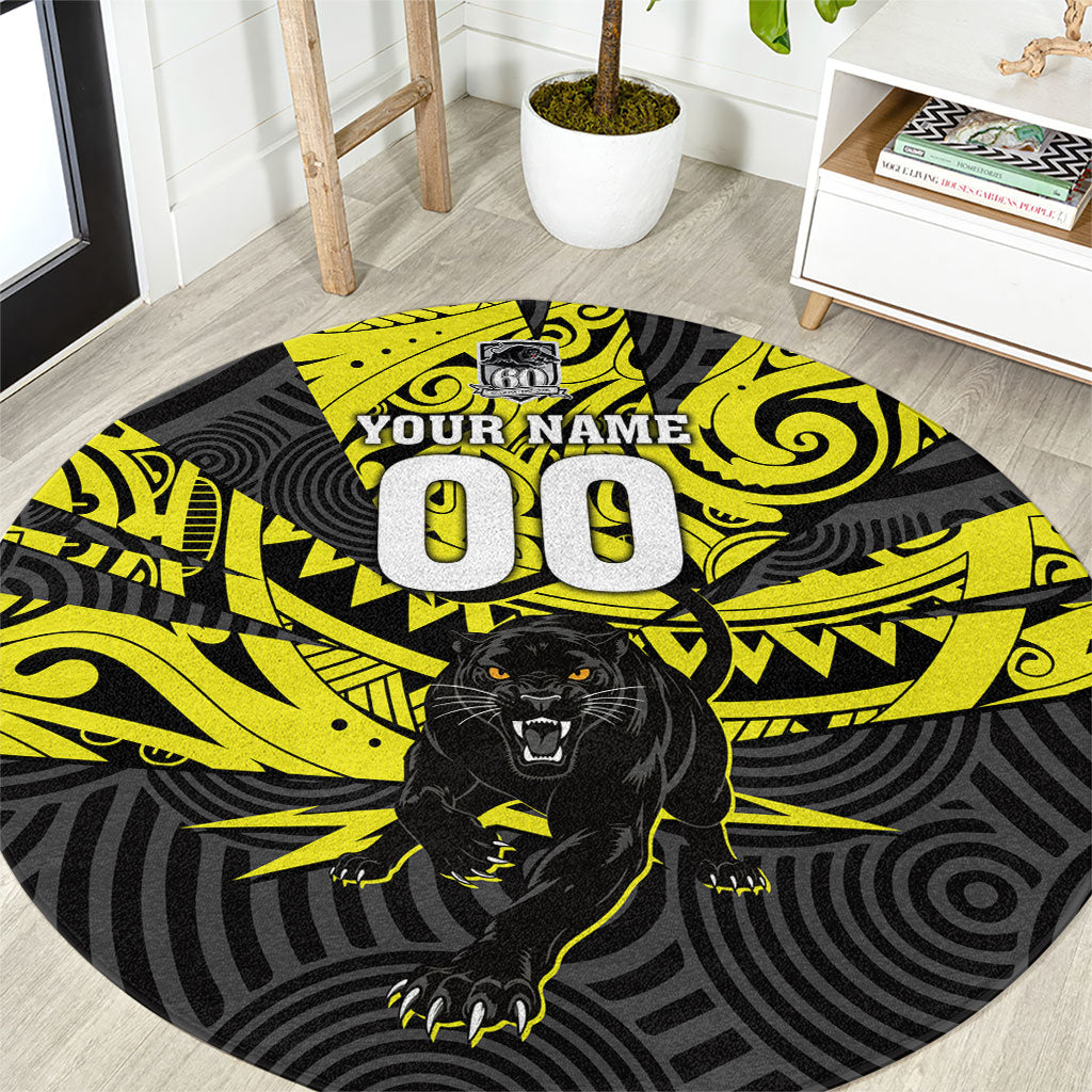 Custom Panthers Rugby 60th Anniversary Round Carpet Penrith Polynesian Tribal Pattern - Traditional Tattoo