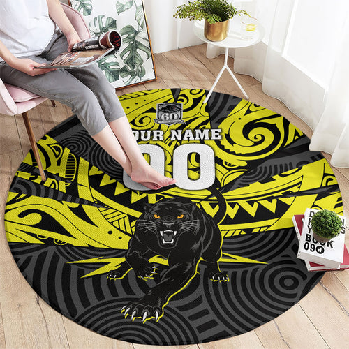 Custom Panthers Rugby 60th Anniversary Round Carpet Penrith Polynesian Tribal Pattern - Traditional Tattoo