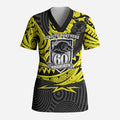 Custom Panthers Rugby 60th Anniversary Scrub Top Penrith Polynesian Tribal Pattern - Traditional Tattoo