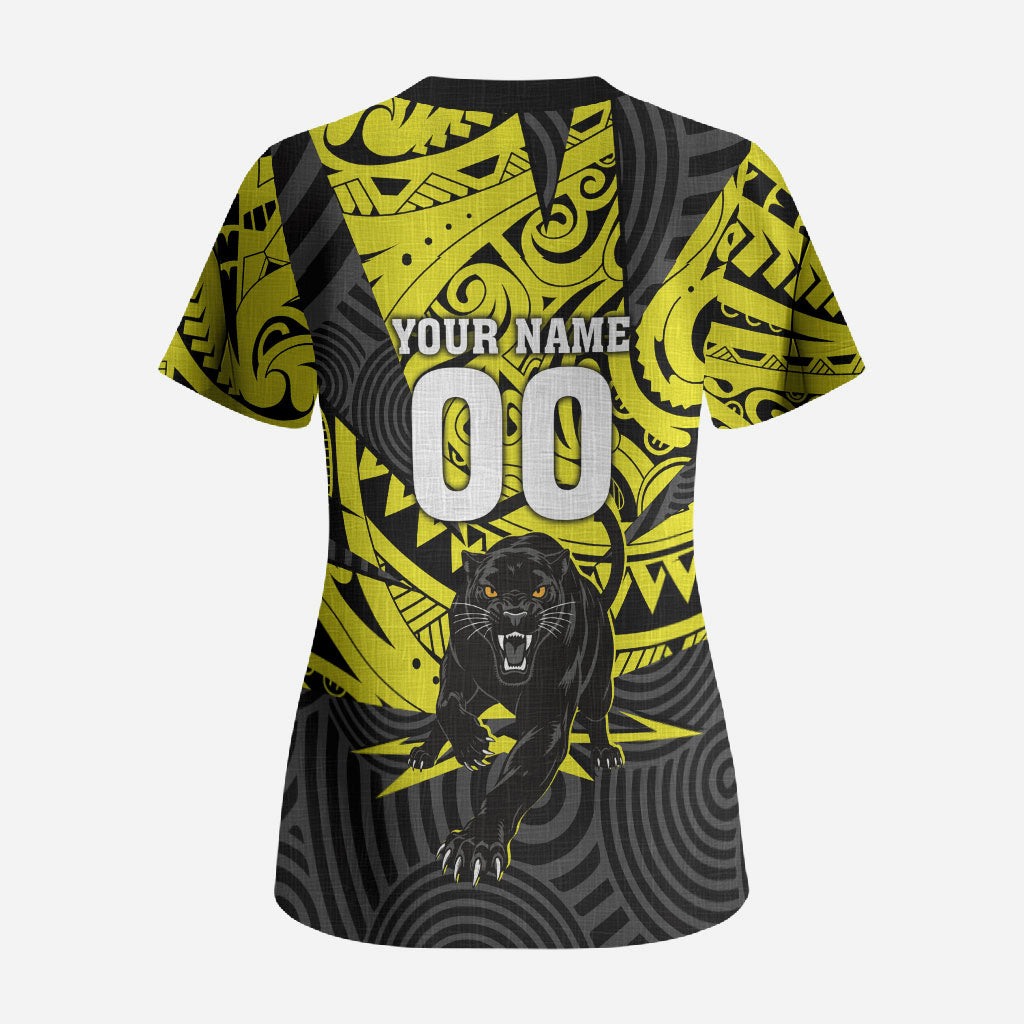 Custom Panthers Rugby 60th Anniversary Scrub Top Penrith Polynesian Tribal Pattern - Traditional Tattoo