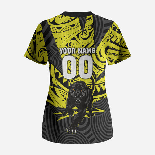 Custom Panthers Rugby 60th Anniversary Scrub Top Penrith Polynesian Tribal Pattern - Traditional Tattoo