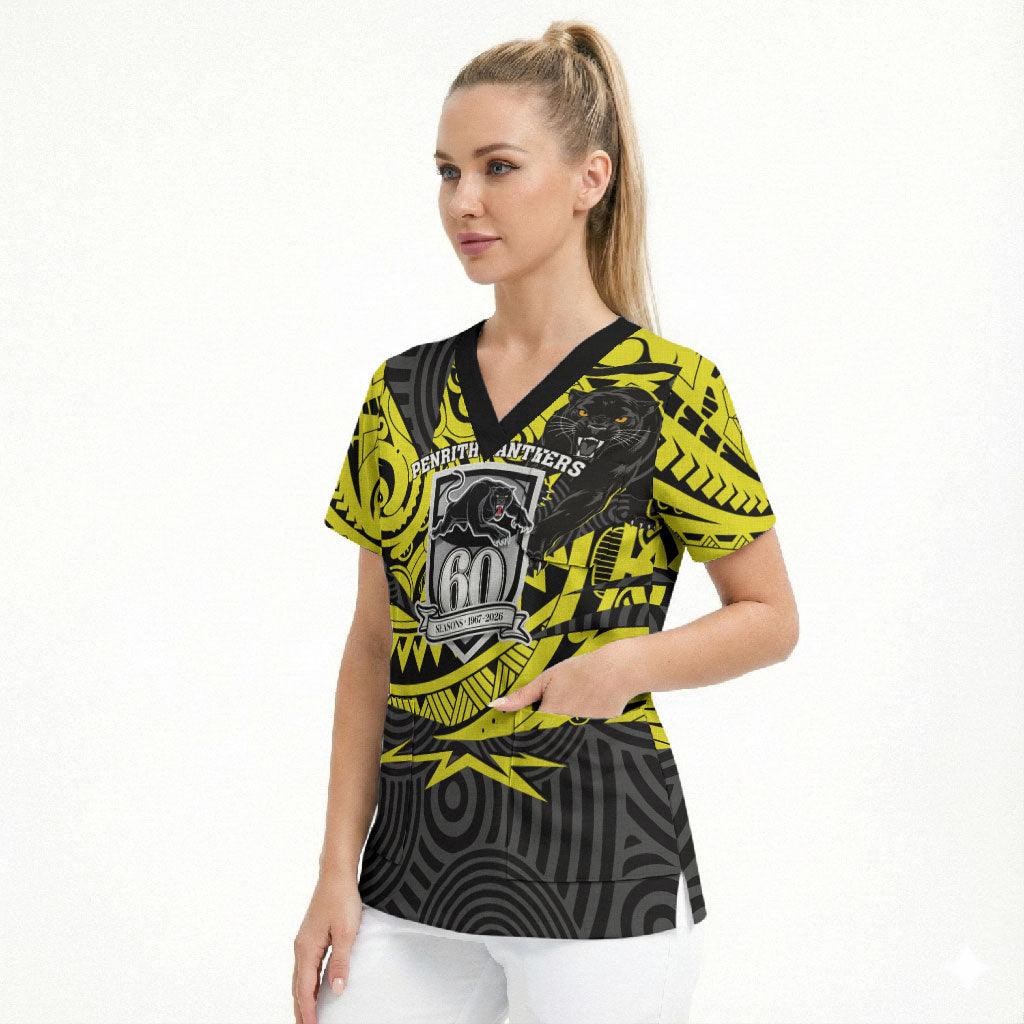 Custom Panthers Rugby 60th Anniversary Scrub Top Penrith Polynesian Tribal Pattern - Traditional Tattoo