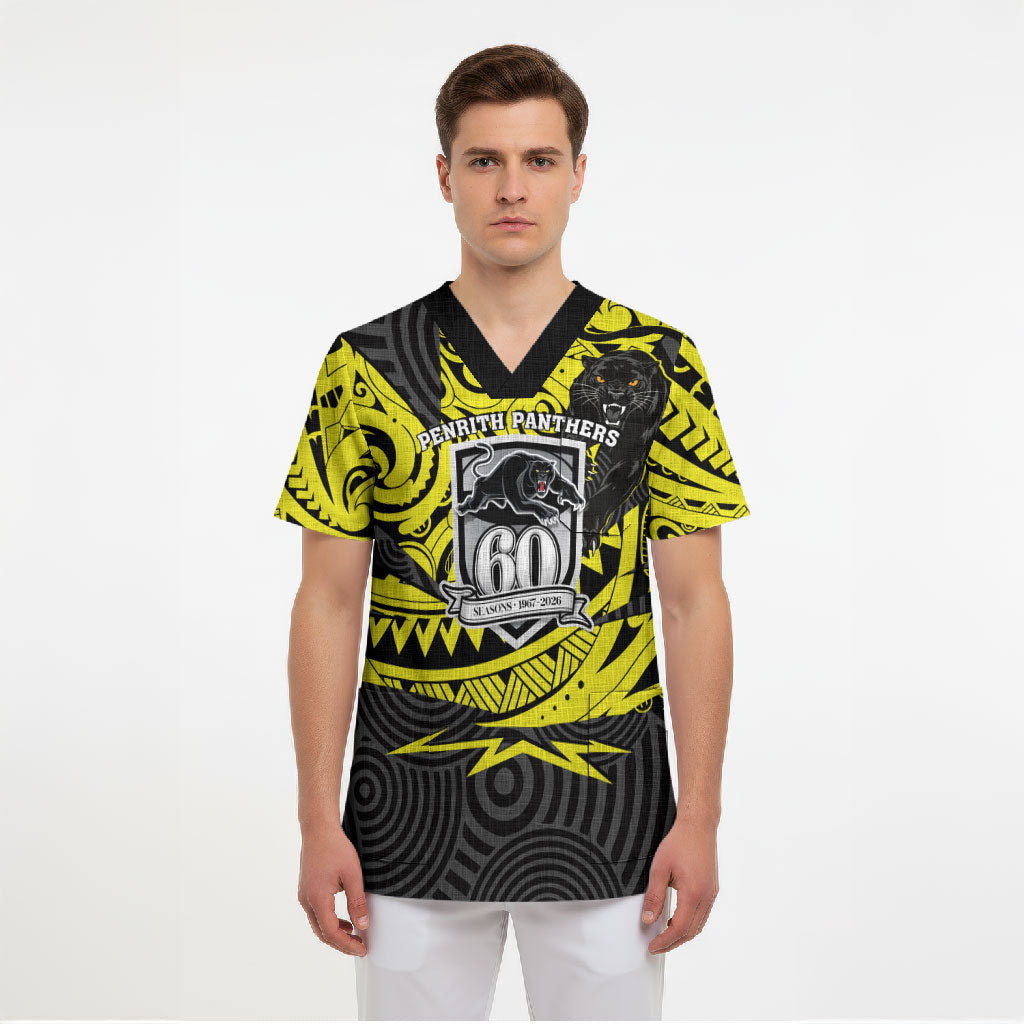 Custom Panthers Rugby 60th Anniversary Scrub Top Penrith Polynesian Tribal Pattern - Traditional Tattoo