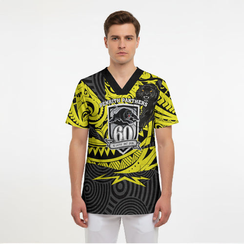 Custom Panthers Rugby 60th Anniversary Scrub Top Penrith Polynesian Tribal Pattern - Traditional Tattoo
