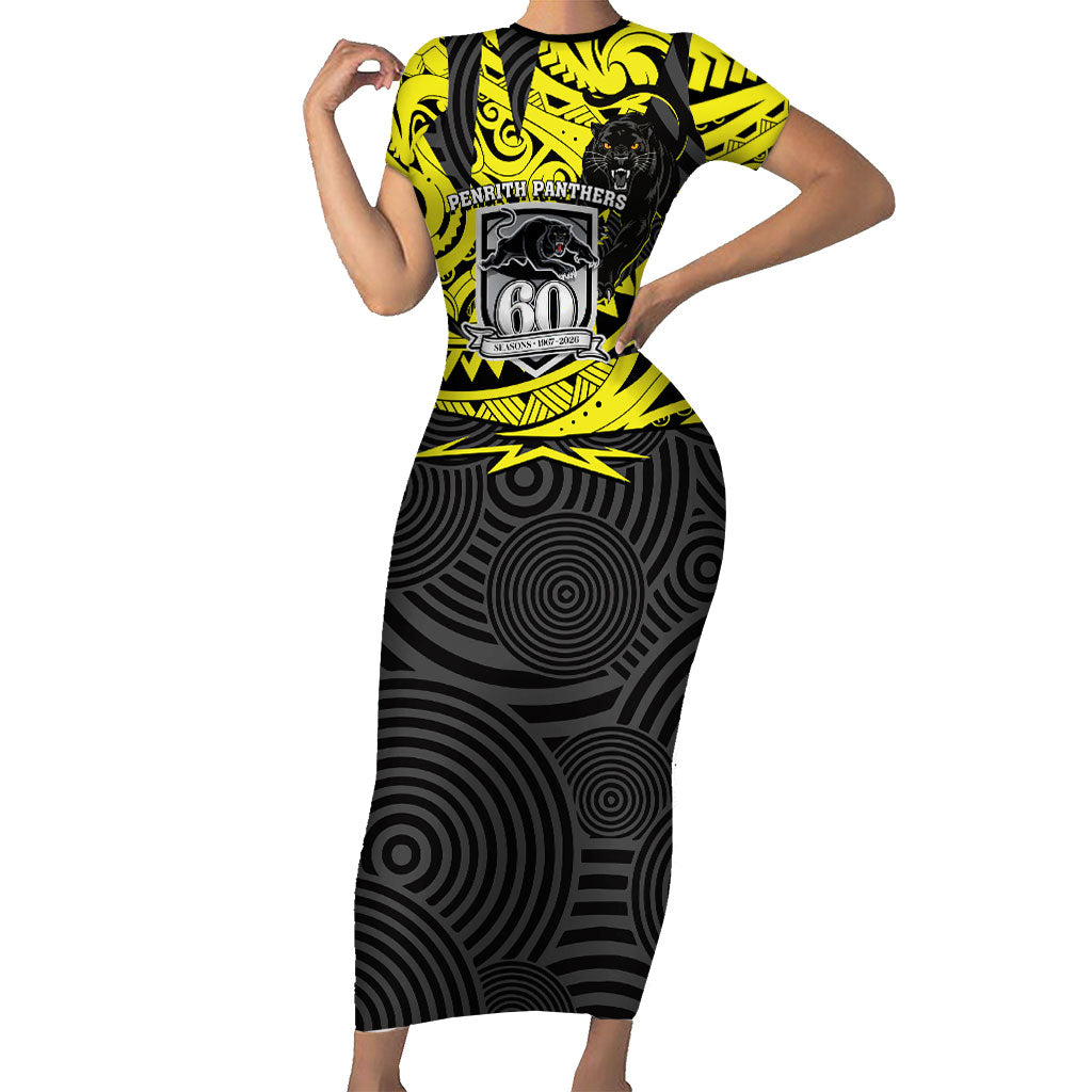 Custom Panthers Rugby 60th Anniversary Short Sleeve Bodycon Dress Penrith Polynesian Tribal Pattern - Traditional Tattoo