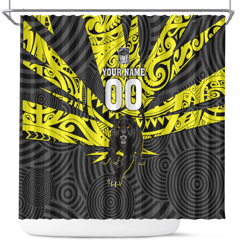 Custom Panthers Rugby 60th Anniversary Shower Curtain Penrith Polynesian Tribal Pattern - Traditional Tattoo