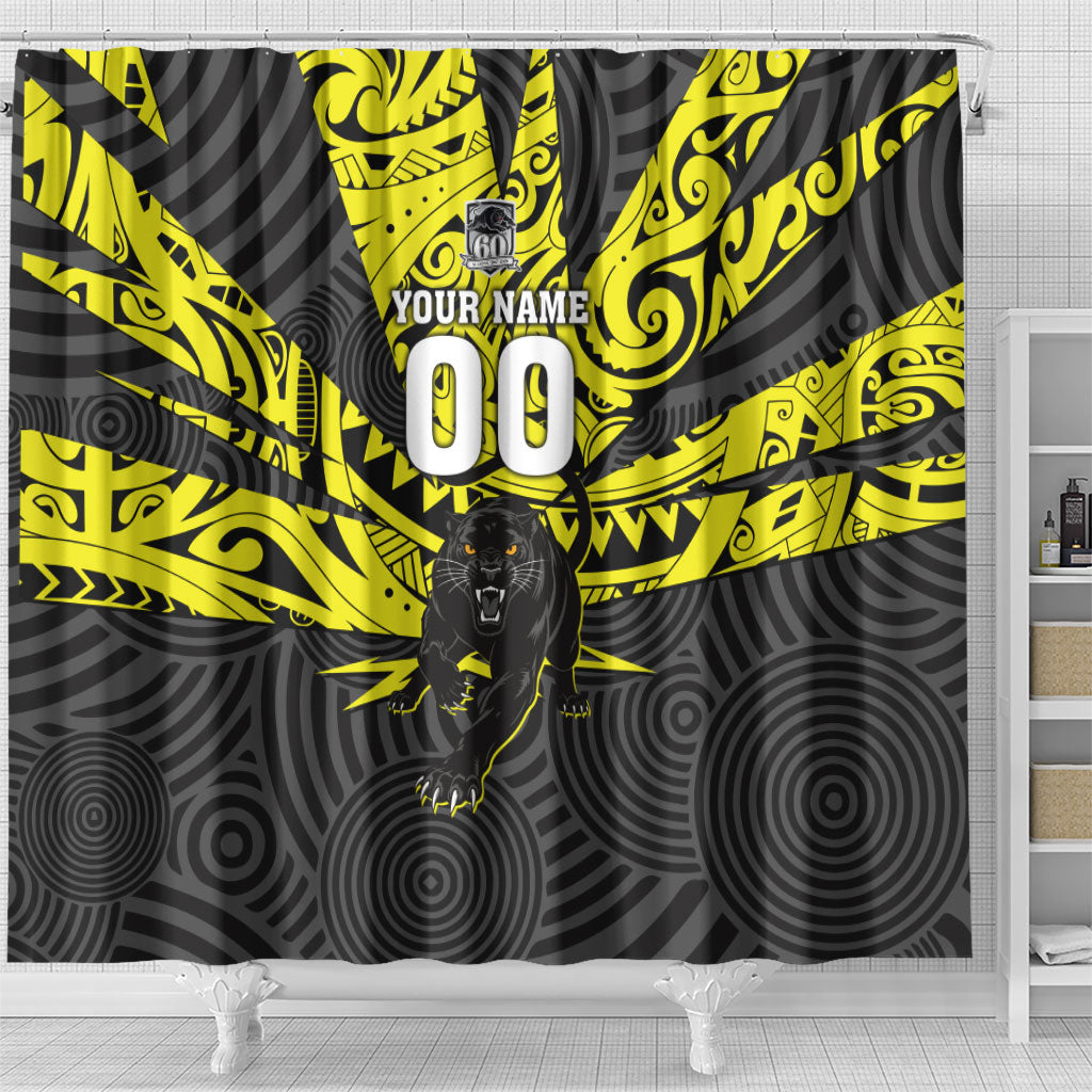 Custom Panthers Rugby 60th Anniversary Shower Curtain Penrith Polynesian Tribal Pattern - Traditional Tattoo
