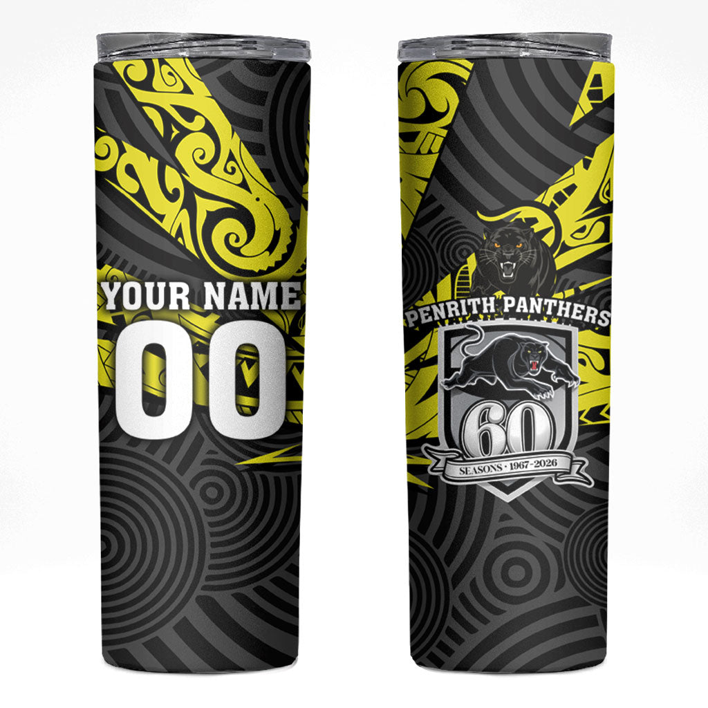 Custom Panthers Rugby 60th Anniversary Skinny Tumbler Penrith Polynesian Tribal Pattern - Traditional Tattoo