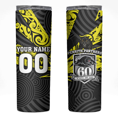 Custom Panthers Rugby 60th Anniversary Skinny Tumbler Penrith Polynesian Tribal Pattern - Traditional Tattoo