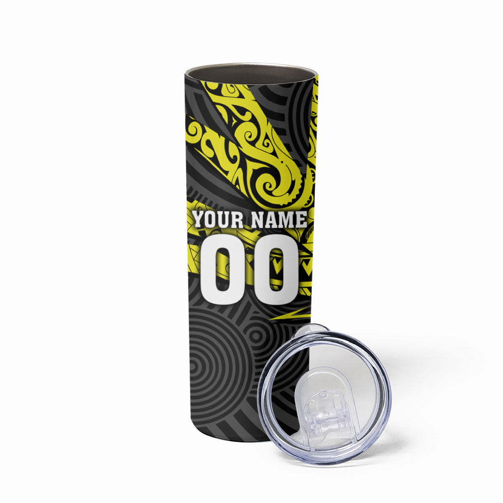 Custom Panthers Rugby 60th Anniversary Skinny Tumbler Penrith Polynesian Tribal Pattern - Traditional Tattoo